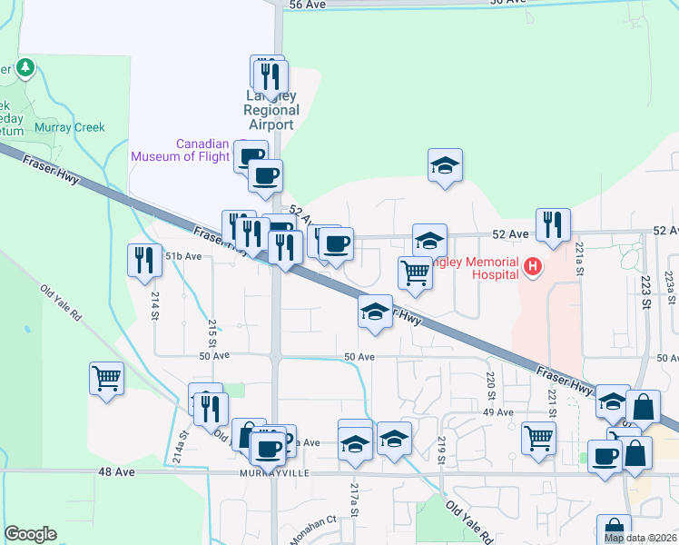 map of restaurants, bars, coffee shops, grocery stores, and more near 21746 52 Avenue in Langley Township