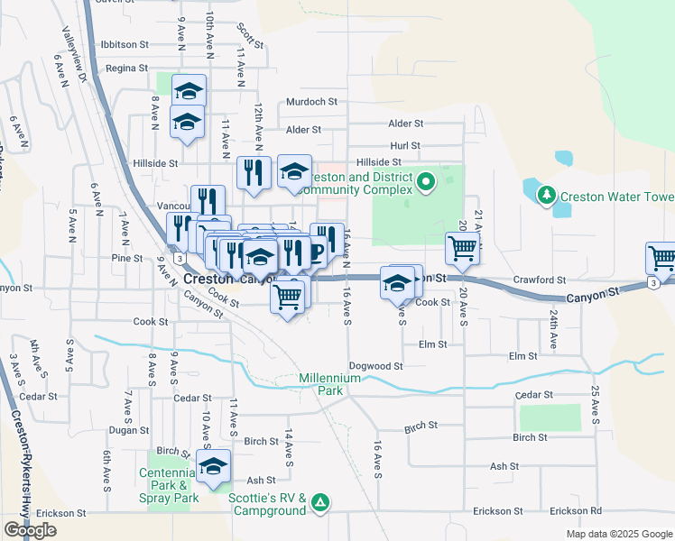 map of restaurants, bars, coffee shops, grocery stores, and more near 132 15 Avenue North in Creston