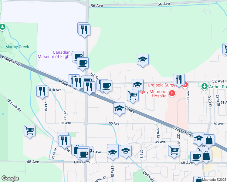 map of restaurants, bars, coffee shops, grocery stores, and more near 21746 52 Avenue in Langley Township