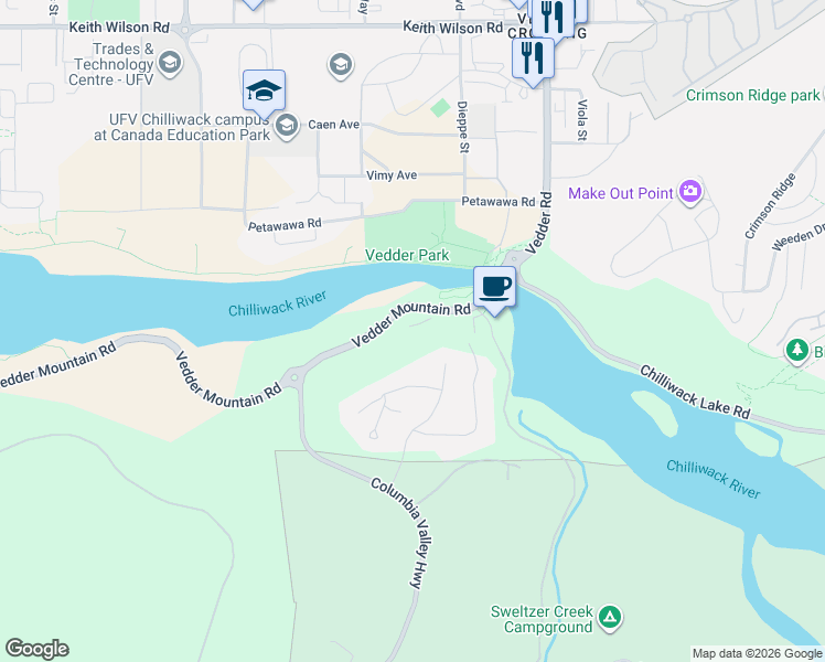 map of restaurants, bars, coffee shops, grocery stores, and more near 45390 Vedder Mountain Road in Chilliwack
