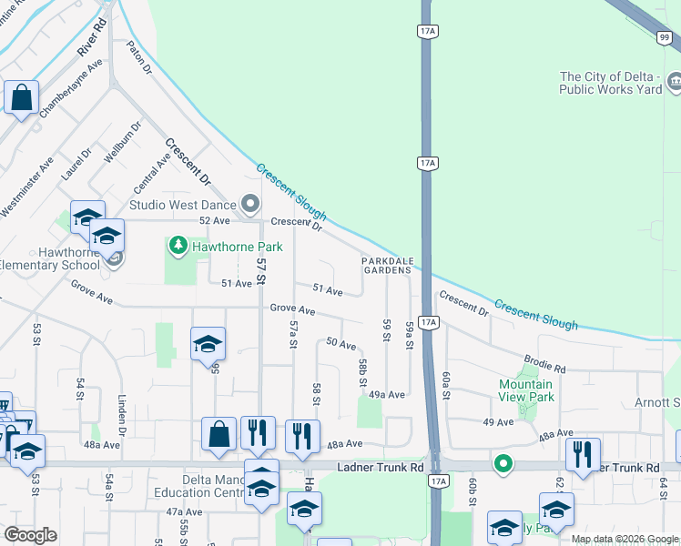 map of restaurants, bars, coffee shops, grocery stores, and more near 5118 Cooper Place in Delta