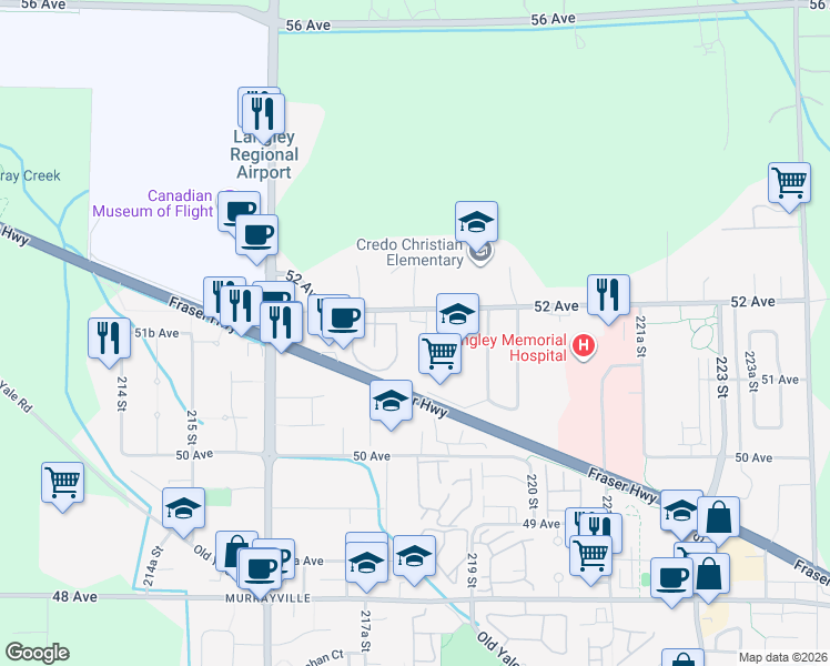 map of restaurants, bars, coffee shops, grocery stores, and more near 21804 52 Avenue in Langley