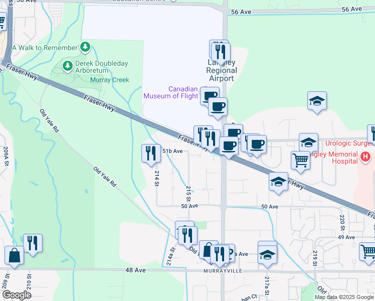 map of restaurants, bars, coffee shops, grocery stores, and more near 21499 51B Avenue in Langley