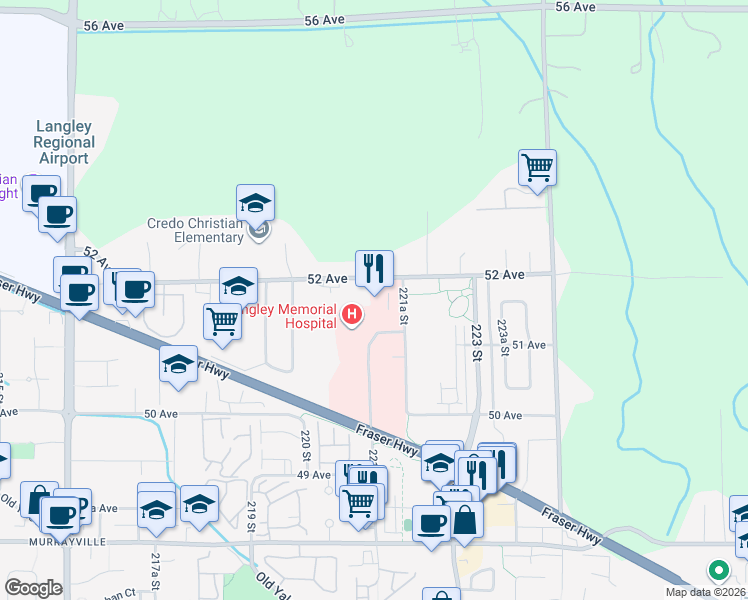 map of restaurants, bars, coffee shops, grocery stores, and more near 22112 52 Avenue in Langley