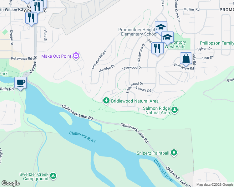 map of restaurants, bars, coffee shops, grocery stores, and more near 45975 Sherwood Drive in Chilliwack