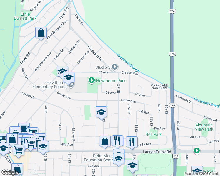 map of restaurants, bars, coffee shops, grocery stores, and more near 5668 Dove Place in Delta