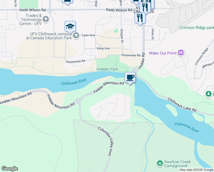map of restaurants, bars, coffee shops, grocery stores, and more near 45406 Vedder Mountain Road in Chilliwack