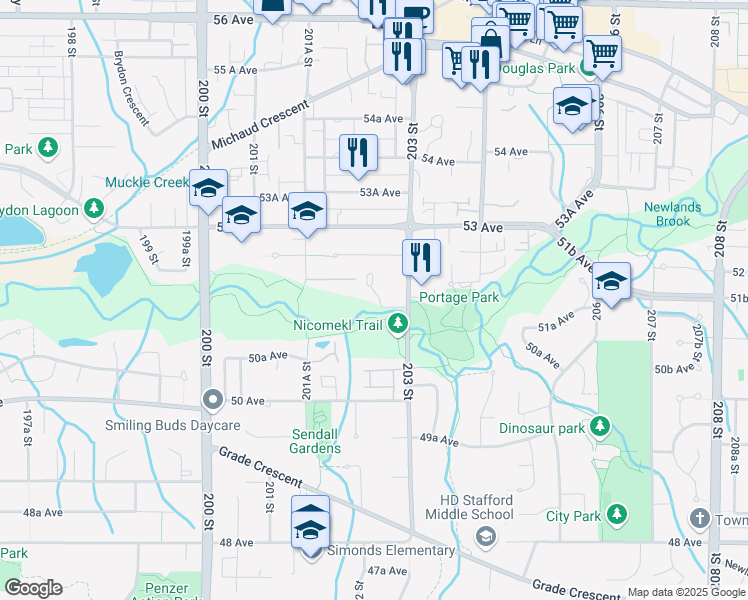 map of restaurants, bars, coffee shops, grocery stores, and more near 5123 203 Street in Langley