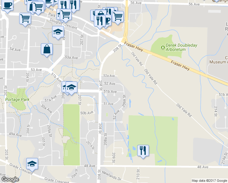 map of restaurants, bars, coffee shops, grocery stores, and more near 20895 51B Avenue in Langley