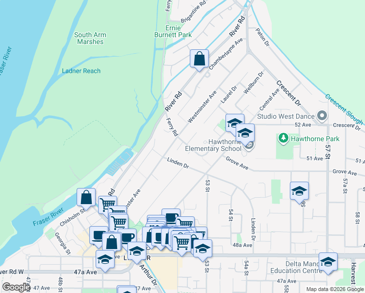 map of restaurants, bars, coffee shops, grocery stores, and more near in Delta