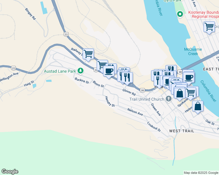 map of restaurants, bars, coffee shops, grocery stores, and more near 908 Glover Road in Trail