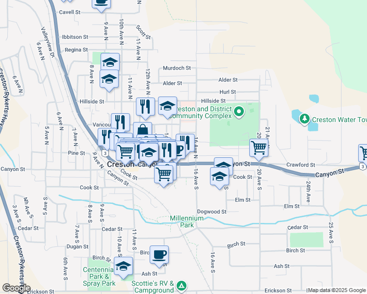map of restaurants, bars, coffee shops, grocery stores, and more near 132 15 Avenue North in Creston