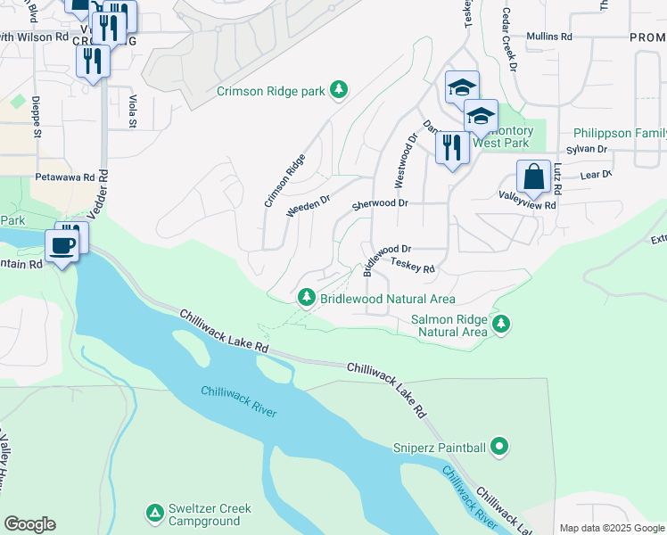 map of restaurants, bars, coffee shops, grocery stores, and more near 45957 Sherwood Drive in Chilliwack