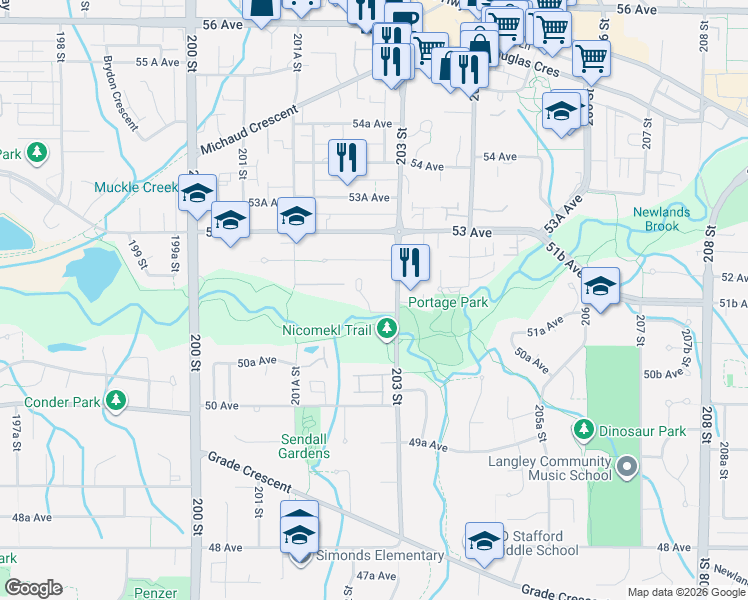 map of restaurants, bars, coffee shops, grocery stores, and more near 5191 203 Street in Langley City