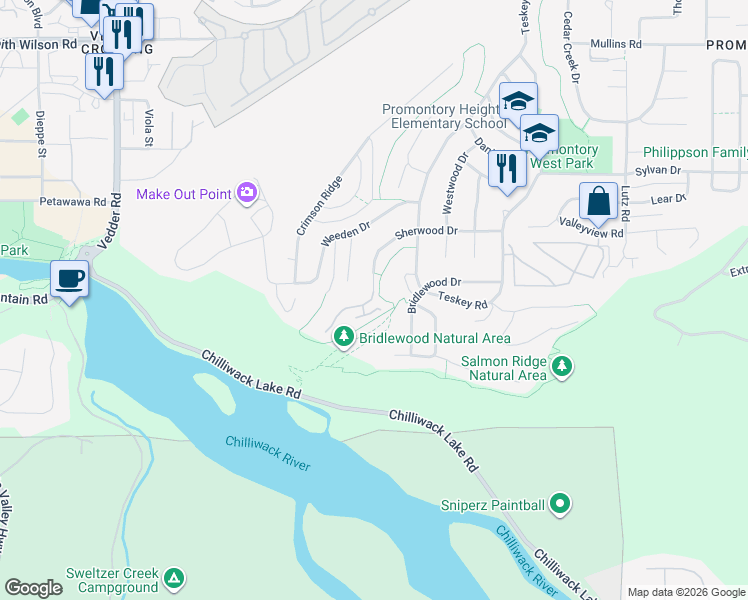 map of restaurants, bars, coffee shops, grocery stores, and more near 45987 Sherwood Drive in Chilliwack