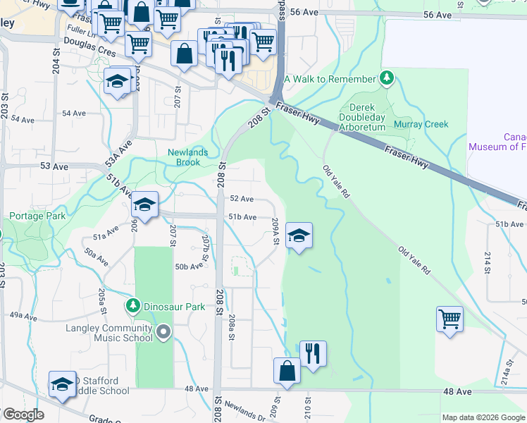 map of restaurants, bars, coffee shops, grocery stores, and more near 20925 51B Avenue in Langley