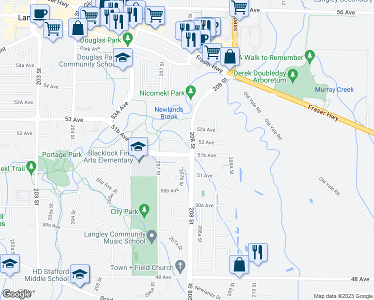 map of restaurants, bars, coffee shops, grocery stores, and more near 20783 51B Avenue in Langley City