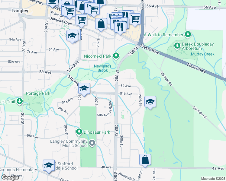 map of restaurants, bars, coffee shops, grocery stores, and more near 20783 51B Avenue in Langley