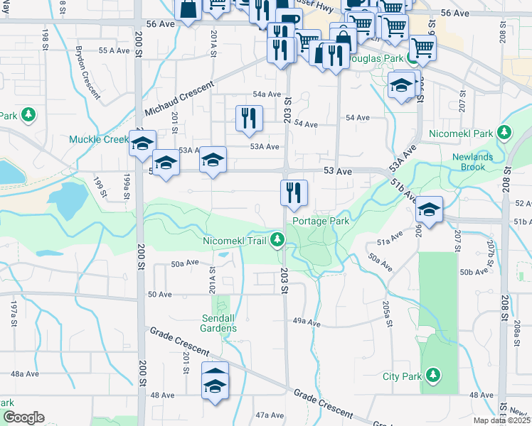 map of restaurants, bars, coffee shops, grocery stores, and more near 5191 203 Street in Langley