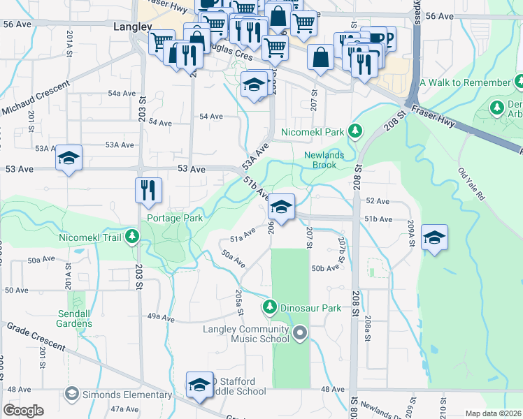 map of restaurants, bars, coffee shops, grocery stores, and more near 20591 51A Avenue in Langley