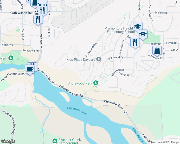 map of restaurants, bars, coffee shops, grocery stores, and more near 45928 Weeden Drive in Chilliwack