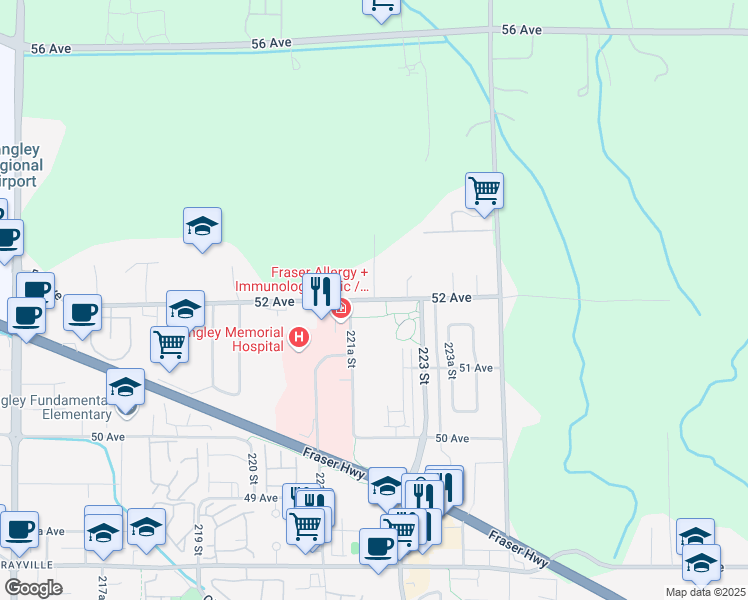 map of restaurants, bars, coffee shops, grocery stores, and more near 52 Avenue in Langley