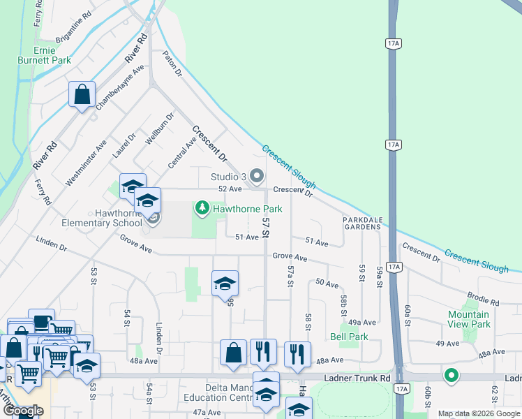map of restaurants, bars, coffee shops, grocery stores, and more near 5169 57 Street in Delta