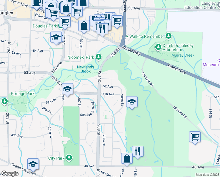 map of restaurants, bars, coffee shops, grocery stores, and more near 20850 52 Avenue in Langley