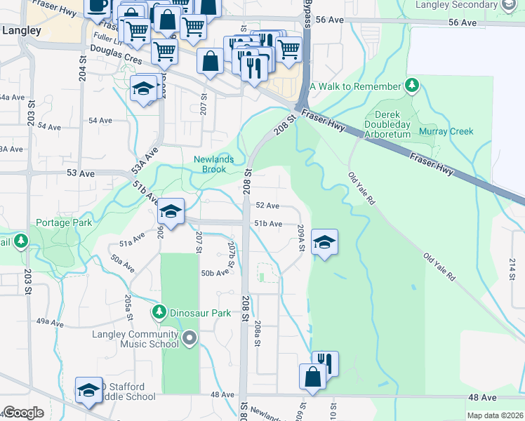 map of restaurants, bars, coffee shops, grocery stores, and more near 20836 52 Avenue in Langley