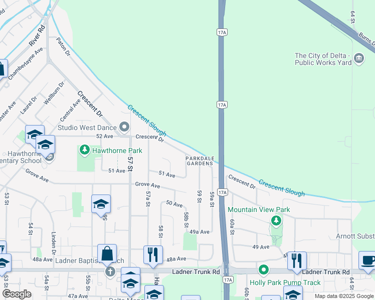 map of restaurants, bars, coffee shops, grocery stores, and more near 5881 Crescent Drive in Delta