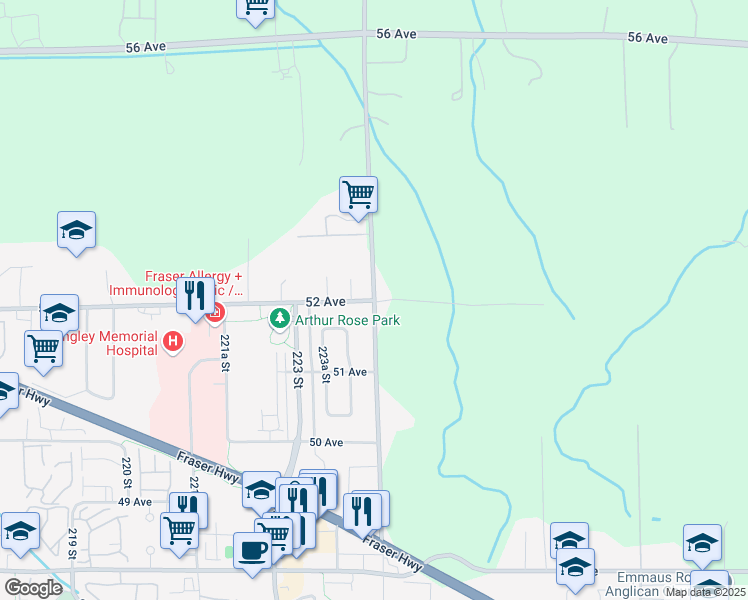 map of restaurants, bars, coffee shops, grocery stores, and more near 5208 224 Street in Langley City