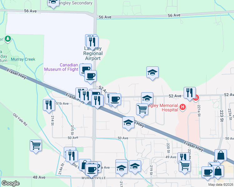 map of restaurants, bars, coffee shops, grocery stores, and more near 21711 52 Avenue in Langley