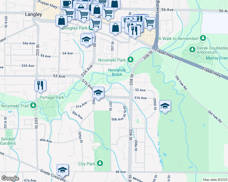 map of restaurants, bars, coffee shops, grocery stores, and more near 20712 52 Avenue in Langley