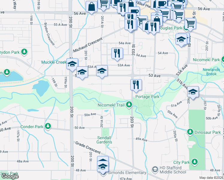 map of restaurants, bars, coffee shops, grocery stores, and more near 5216 201A Street in Langley