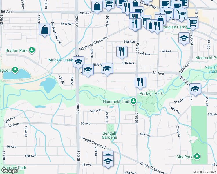 map of restaurants, bars, coffee shops, grocery stores, and more near 5216 201A Street in Langley