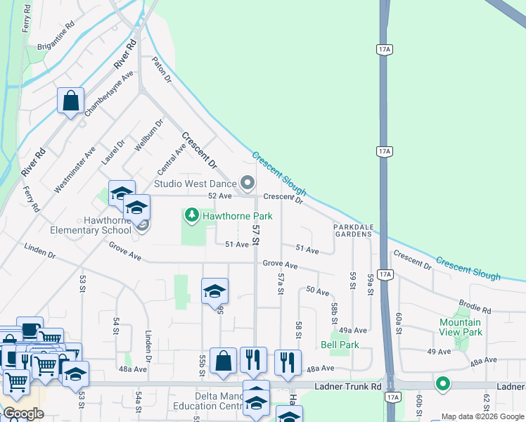 map of restaurants, bars, coffee shops, grocery stores, and more near 5184 57 Street in Delta