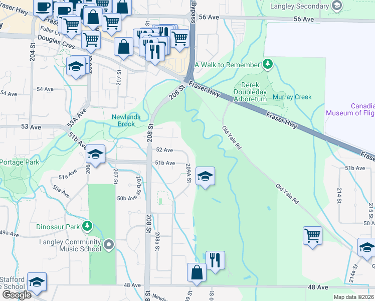 map of restaurants, bars, coffee shops, grocery stores, and more near 20949 52 Avenue in Langley
