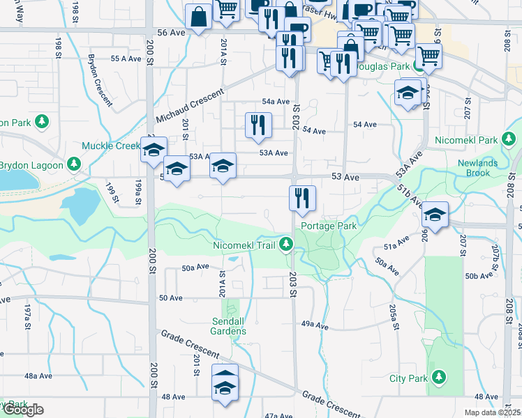 map of restaurants, bars, coffee shops, grocery stores, and more near 5155 203 Street in Langley