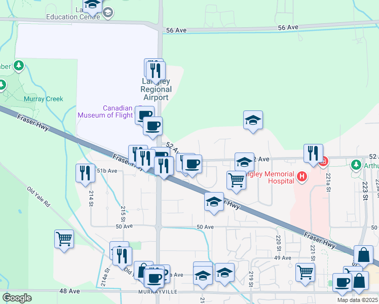 map of restaurants, bars, coffee shops, grocery stores, and more near in Langley Township