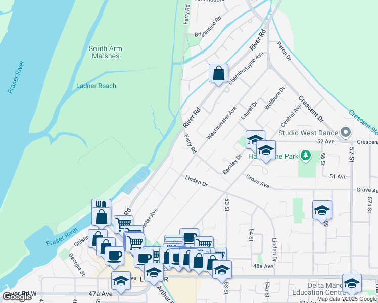 map of restaurants, bars, coffee shops, grocery stores, and more near 5159 Heron Bay Close in Delta