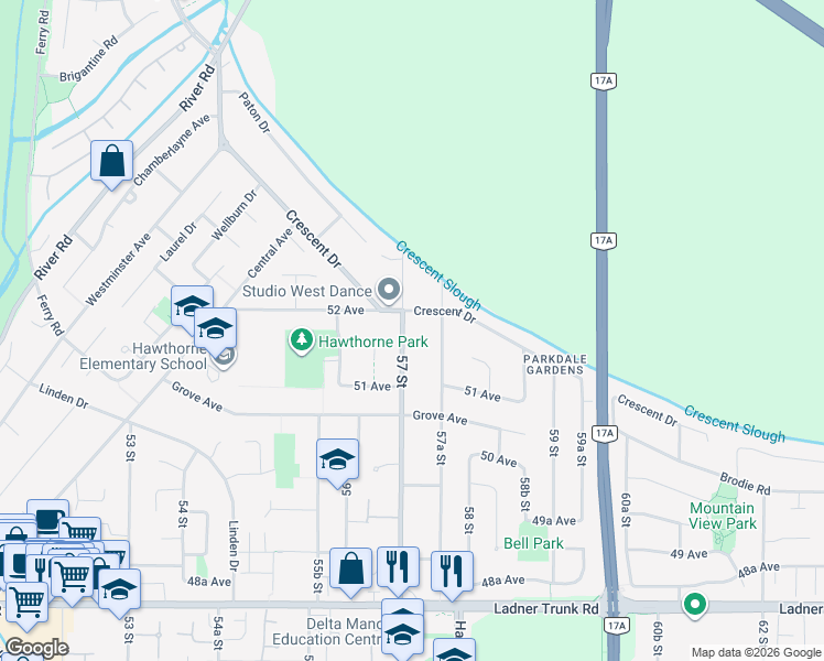 map of restaurants, bars, coffee shops, grocery stores, and more near 5186 57 Street in Delta