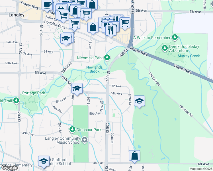 map of restaurants, bars, coffee shops, grocery stores, and more near 20804 52 Avenue in Langley