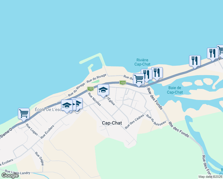 map of restaurants, bars, coffee shops, grocery stores, and more near 43 Rue Notre Dame in Cap-Chat