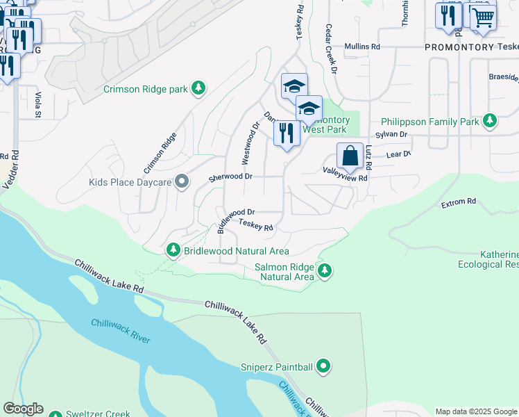 map of restaurants, bars, coffee shops, grocery stores, and more near 5211 Bridlewood Drive in Chilliwack