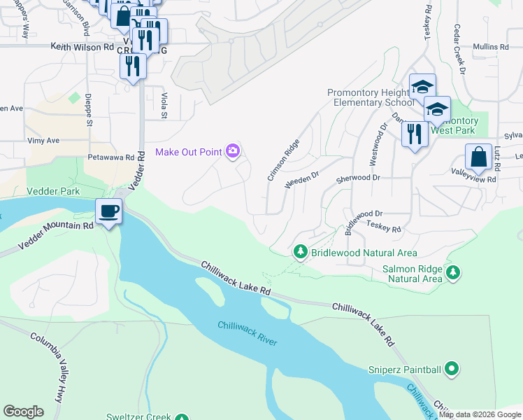 map of restaurants, bars, coffee shops, grocery stores, and more near 238 Crimson Ridge in Chilliwack