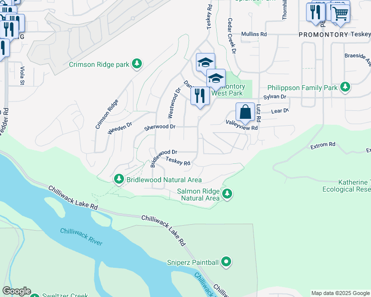 map of restaurants, bars, coffee shops, grocery stores, and more near 5223 Bridlewood Drive in Chilliwack