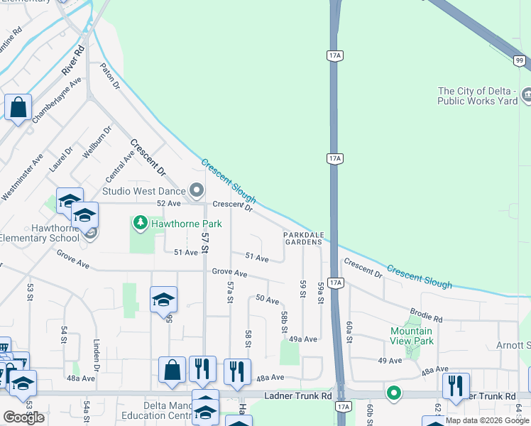 map of restaurants, bars, coffee shops, grocery stores, and more near 5835 Crescent Drive in Delta