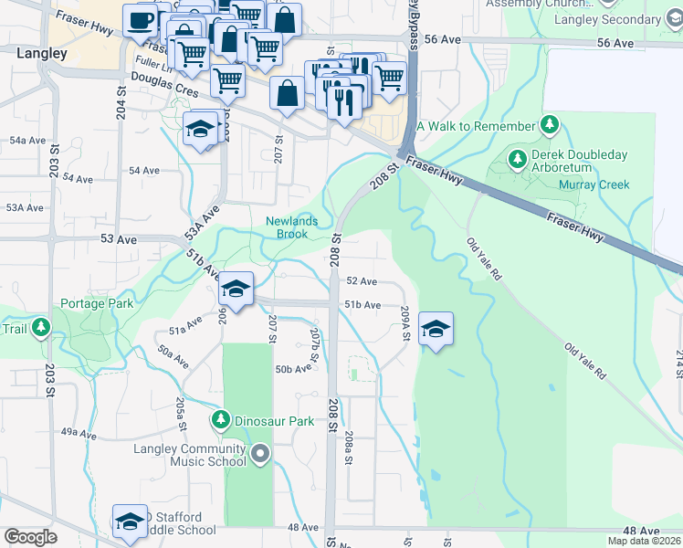 map of restaurants, bars, coffee shops, grocery stores, and more near 5220 208 Street in Langley
