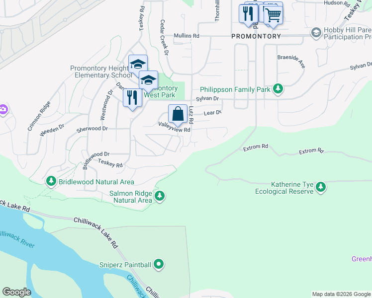 map of restaurants, bars, coffee shops, grocery stores, and more near 5257 Markel Drive in Chilliwack