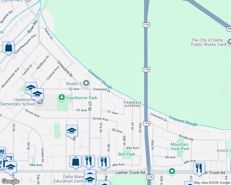 map of restaurants, bars, coffee shops, grocery stores, and more near 5835 Crescent Drive in Delta